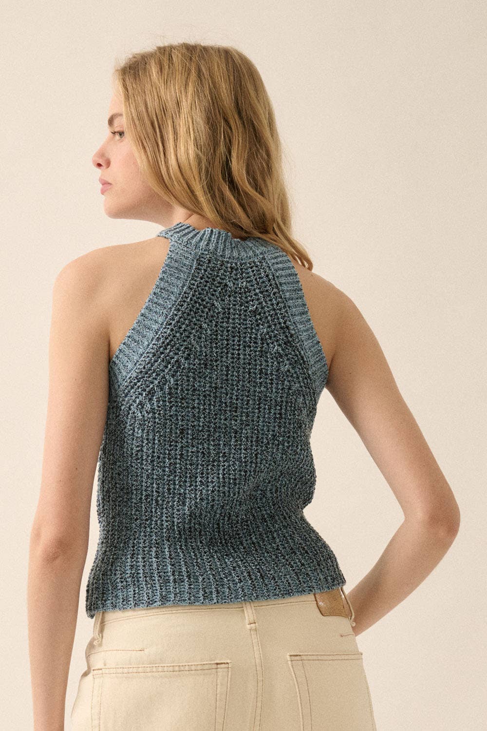 Solid Rib-Knit Halter Racerback Sweater Tank Top