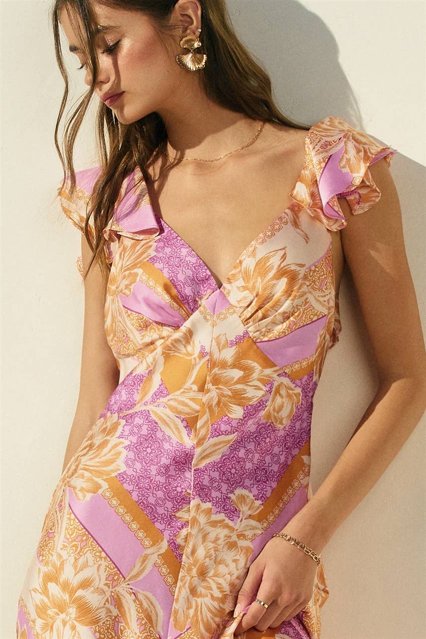 Floral Scarf Flutter Open Back Maxi Dress
