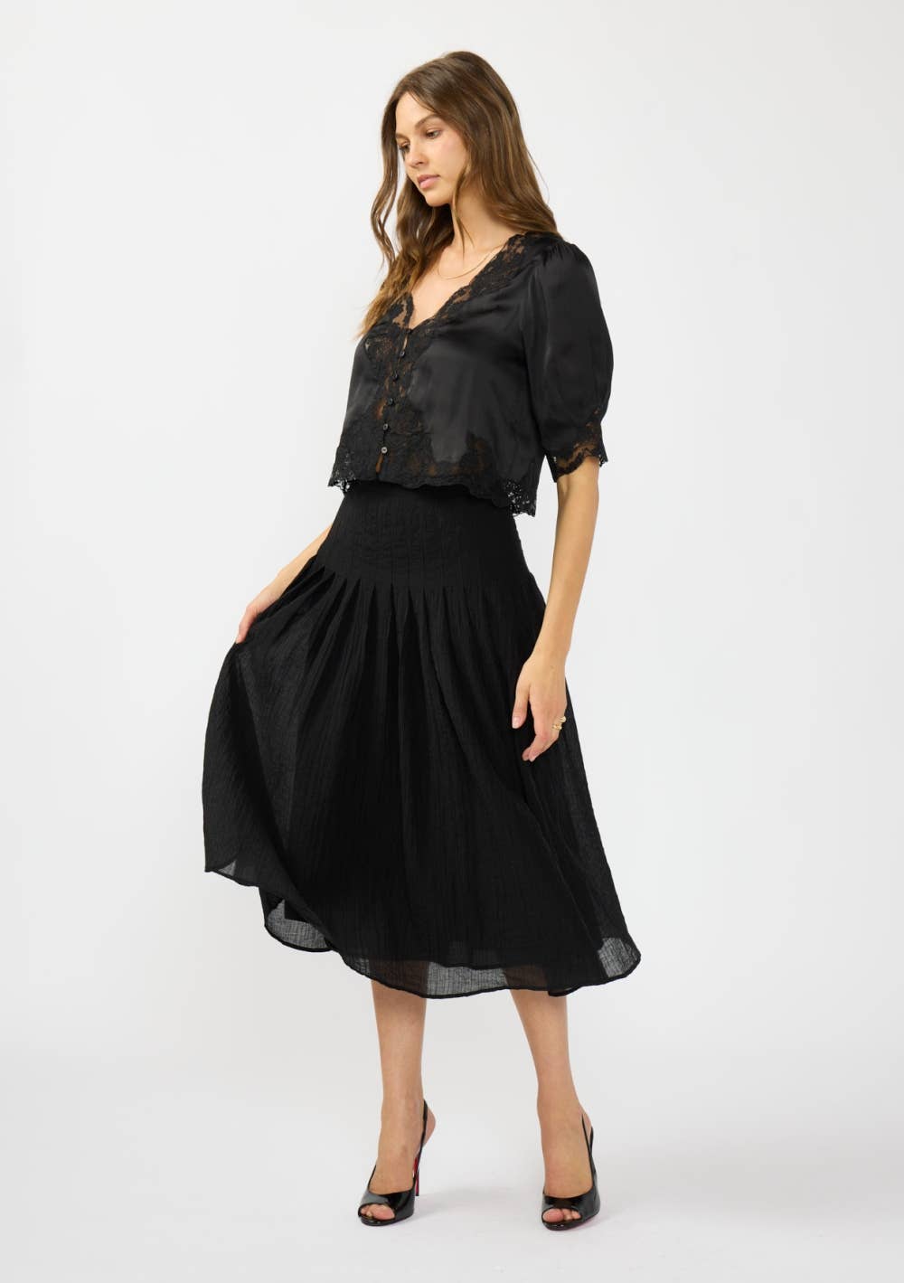 V-Neck Button Front Blouse with Lace Trim