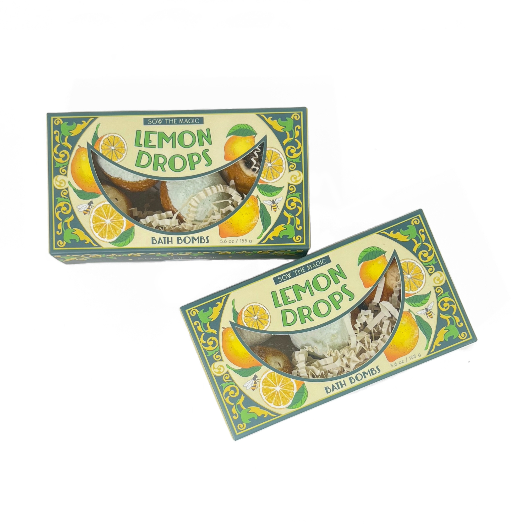 Natural Lemon Drop Bath Bomb Gift Set made with Lemon + MInt in decorative boxes with lemon illustrations and shredded filler