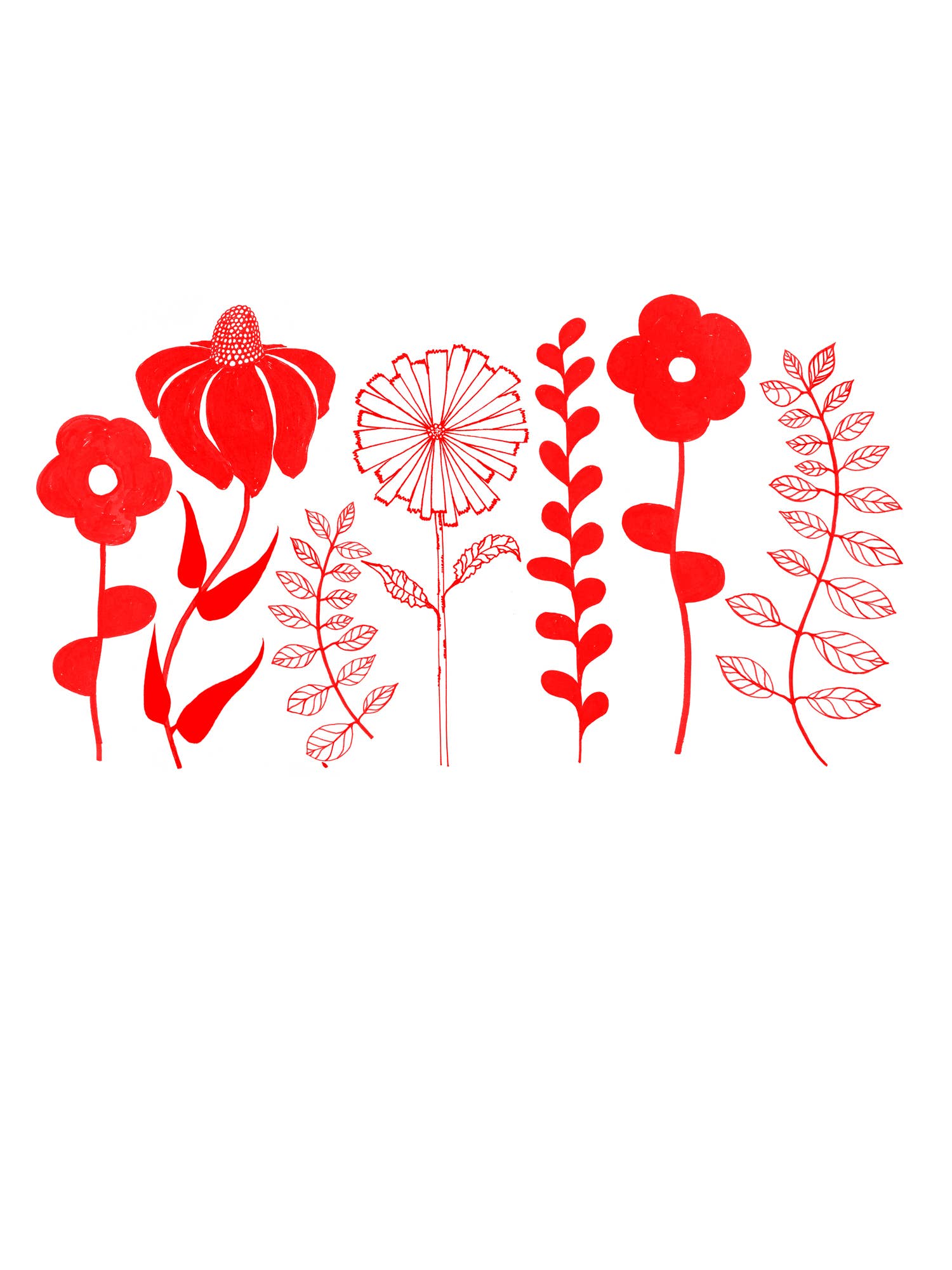 A simple red line drawing of five unique flowers and leaves, inspired by the Spring Flowers Maisie Heavyweight Muscle Tee from Supermaggie @ Faire, arranged in a row—ideal for prints on heavyweight cotton.
