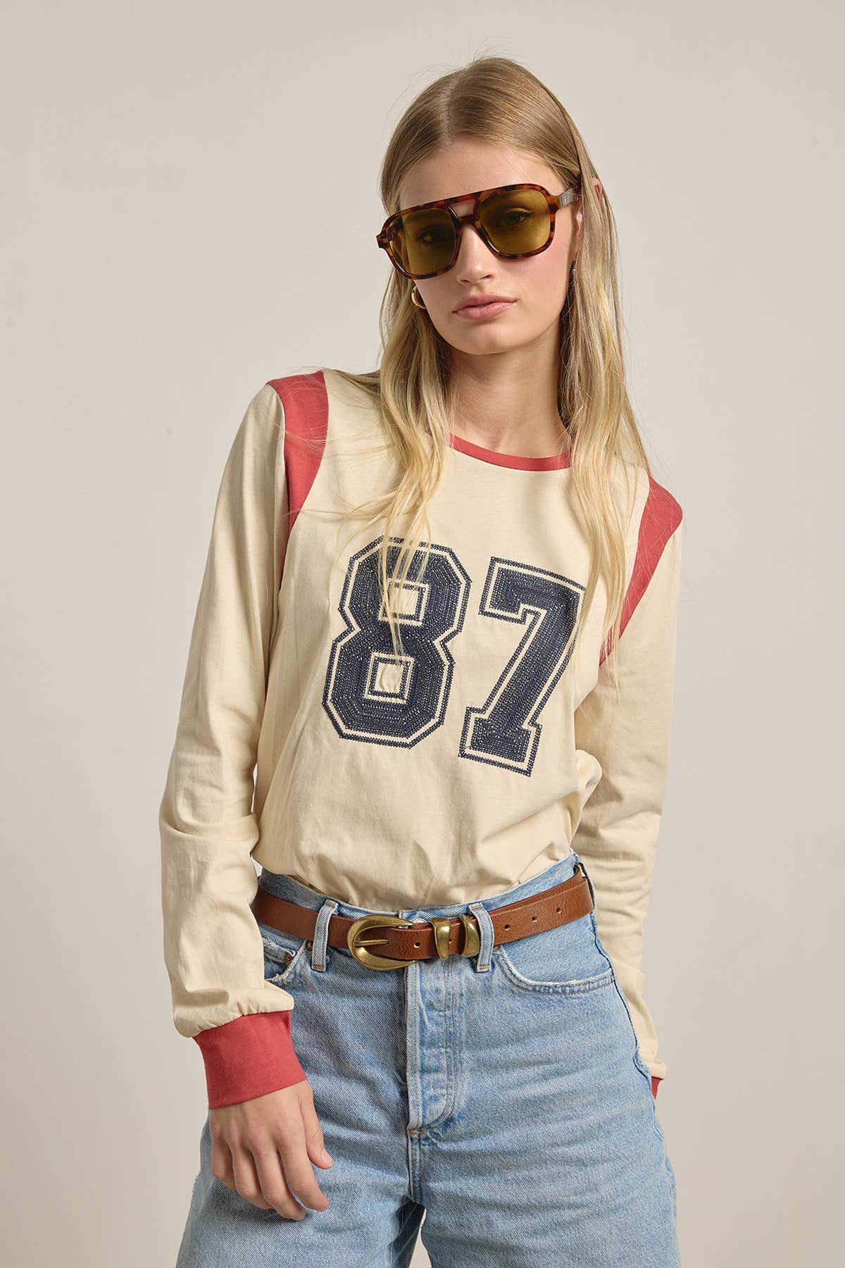 87 Embroidered Varsity Long Sleeve Top