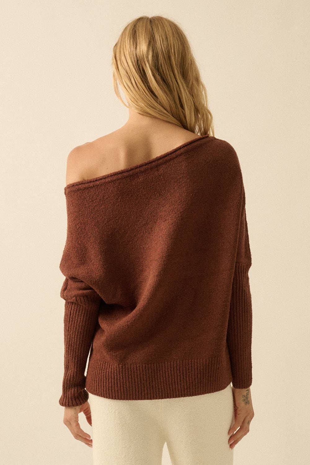 Textured Knit One-Shoulder Boatneck Dolman Sweater
