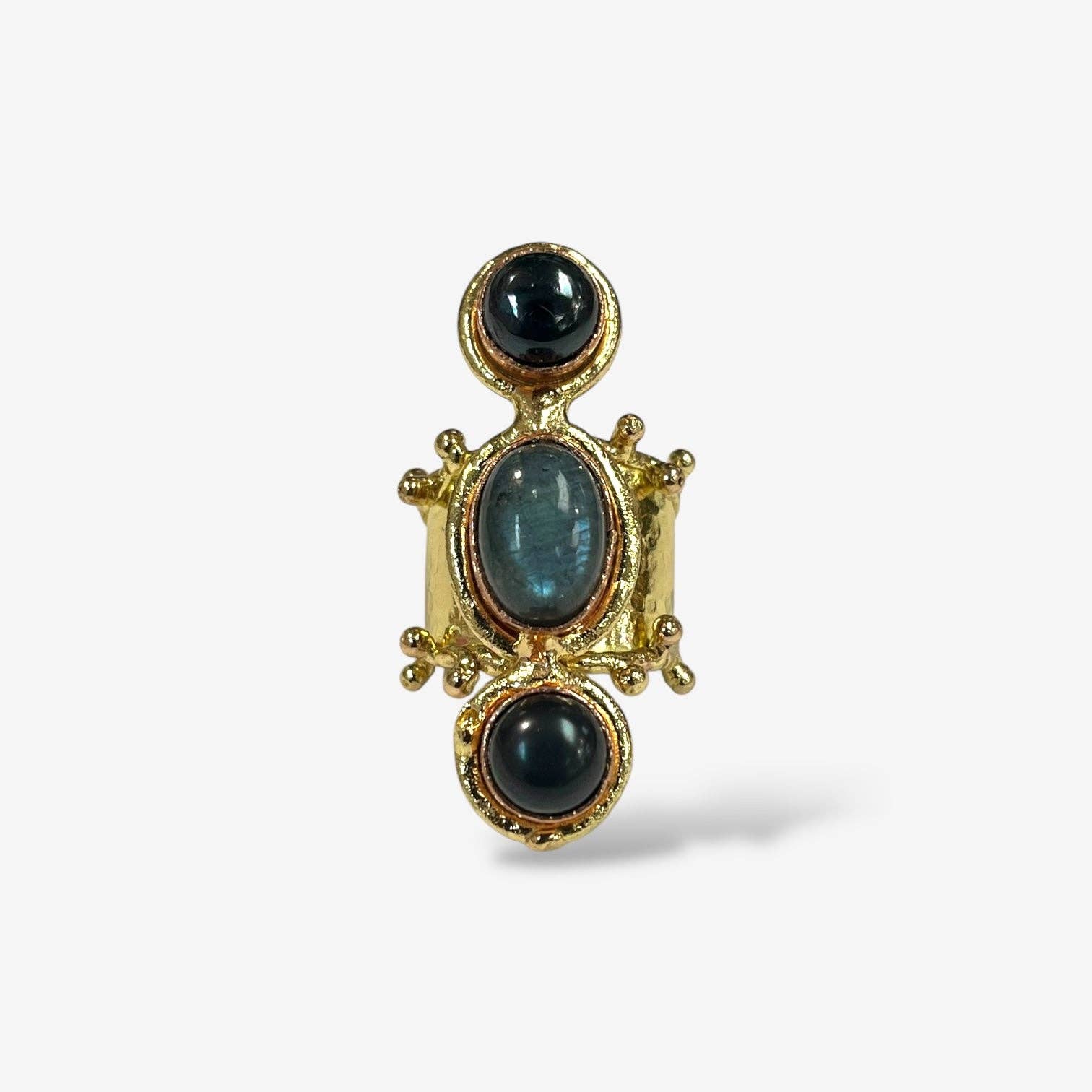 Aurora Luxe Gemstone Ring featuring a gold-tone setting with three dark, polished gemstones in a vertical design