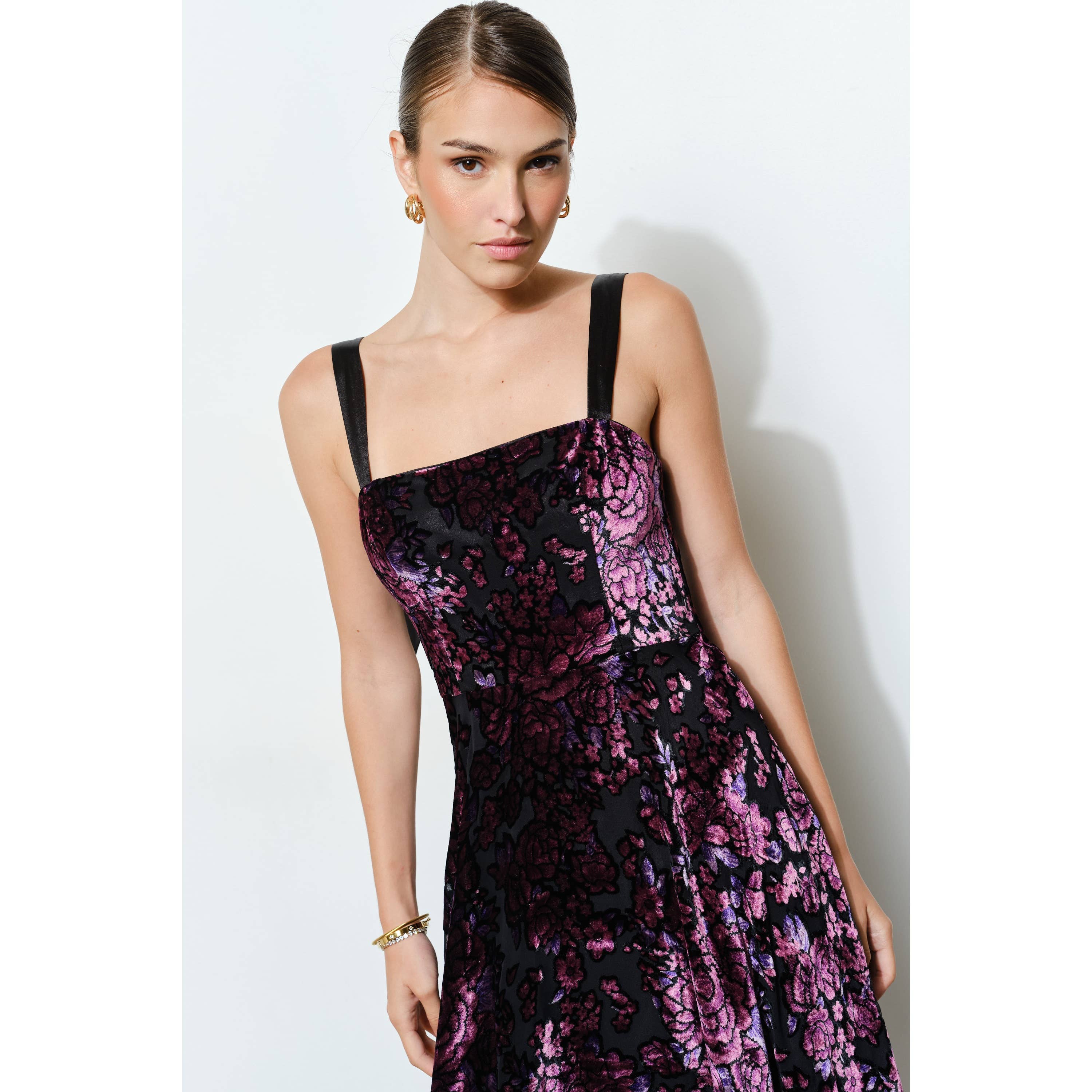 Velvet Floral Bow-Back A-Line Maxi Dress