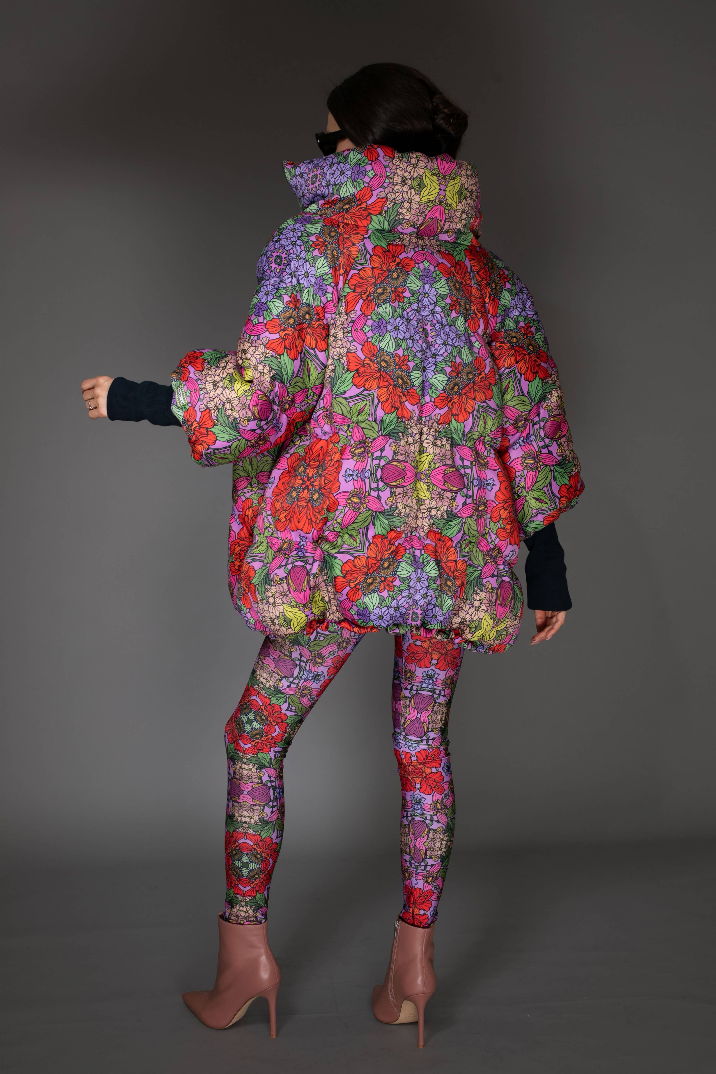 Floral Red Stand-Up Collar Puffer Jacket