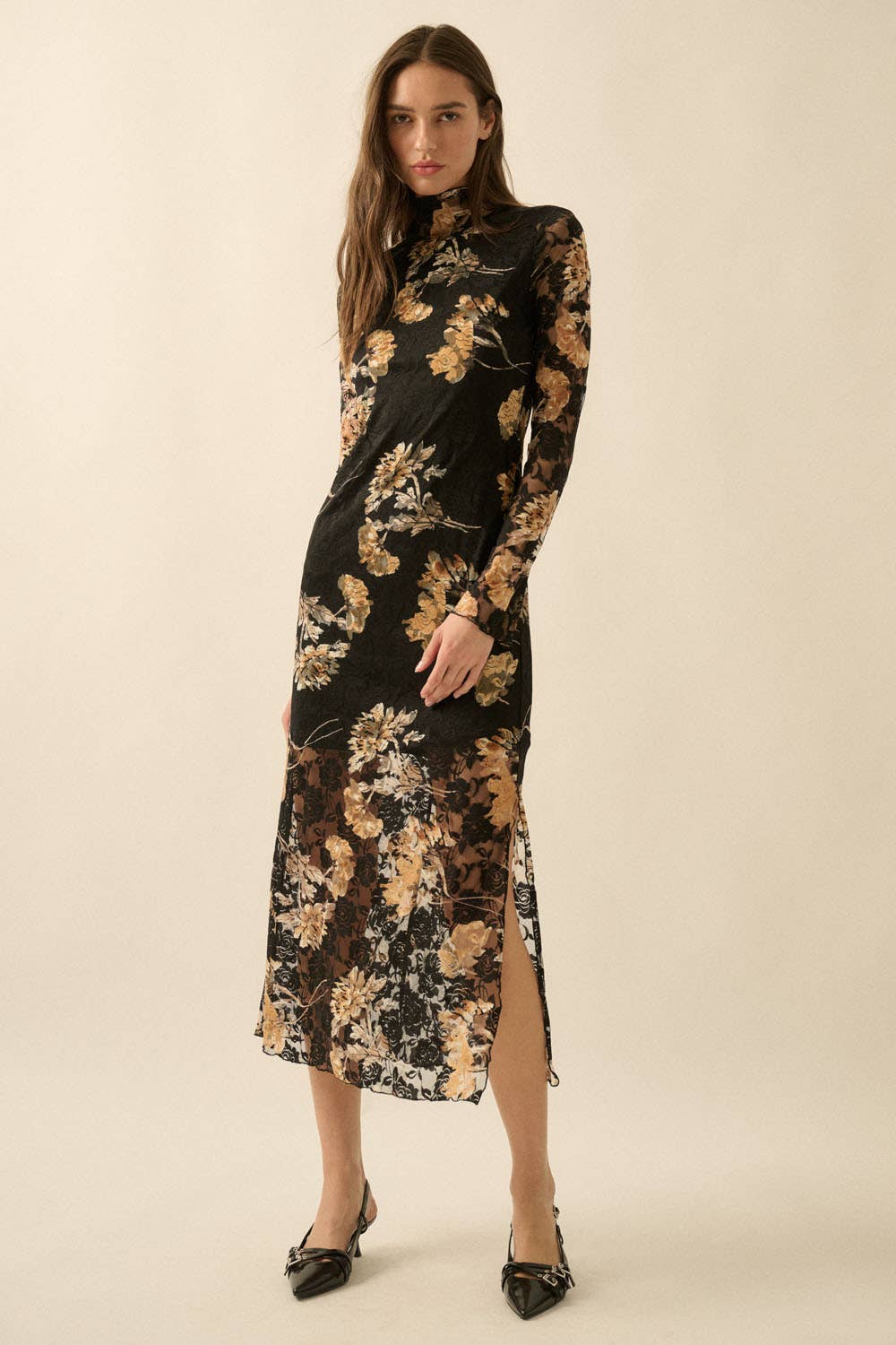 Floral-Print Lace Long-Sleeve Mock-Neck Midi Dress