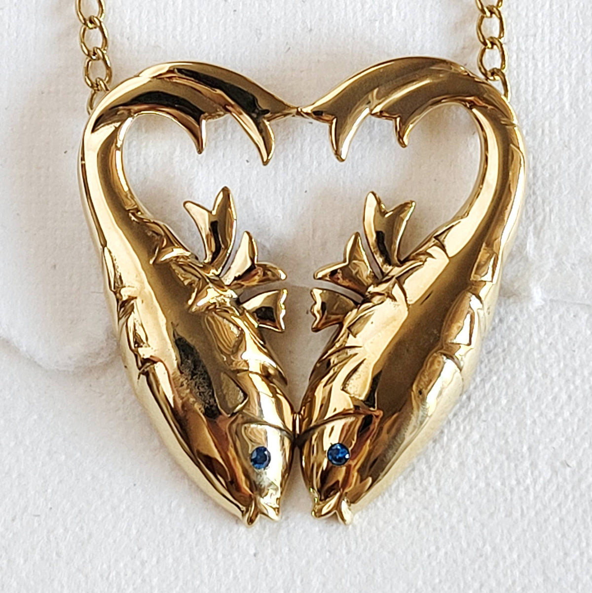 Brass double fish heart aquamarine pendant Necklace