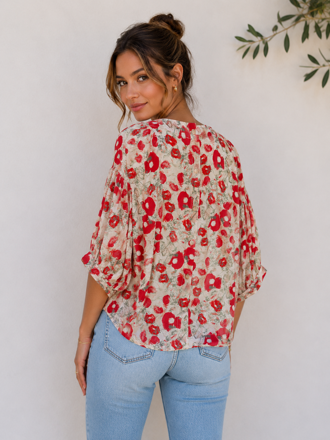 22119125-Poppy Bloom Button-Back Blouse