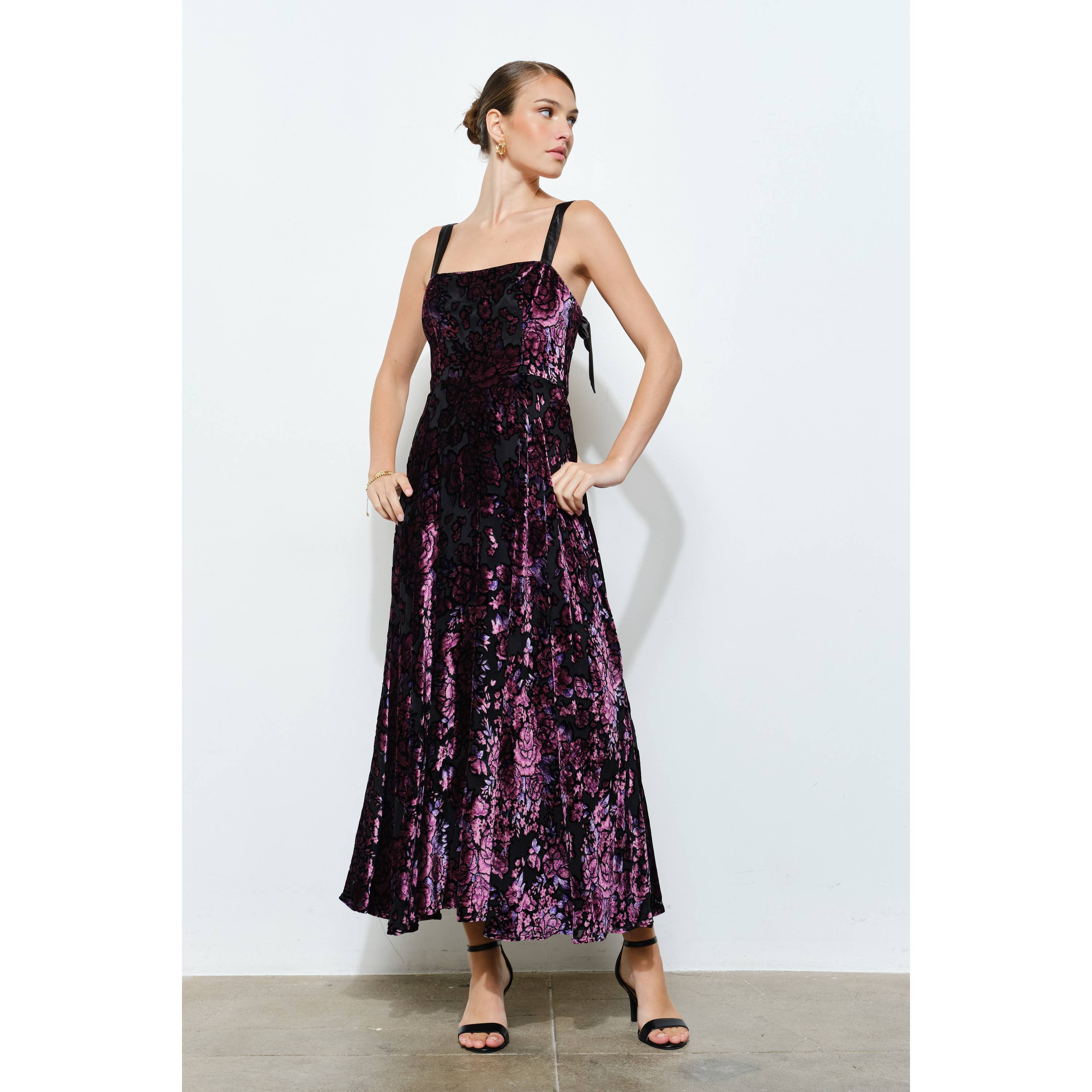 Velvet Floral Bow-Back A-Line Maxi Dress