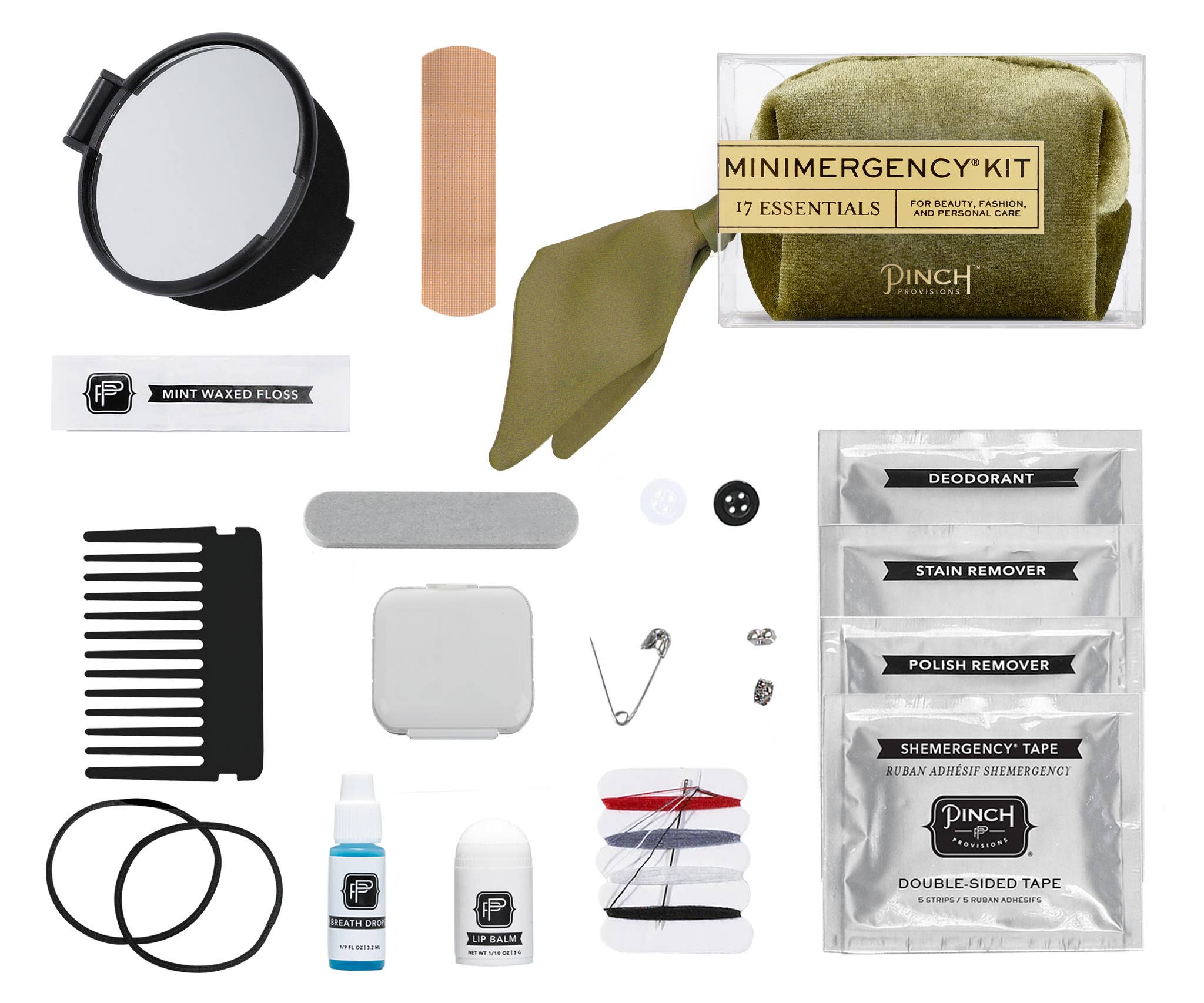 Velvet Scarf Minimergency Kit with compact essentials including mirror, floss, deodorant, stain remover, and sewing supplies in green pouch