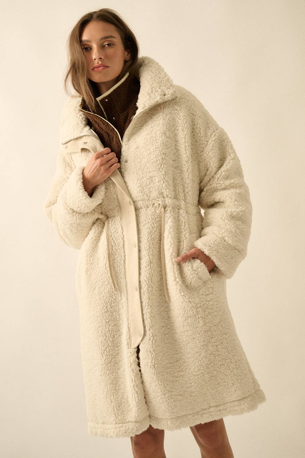 Faux Shearling Zip-Up Drawstring Knee-Length Coat