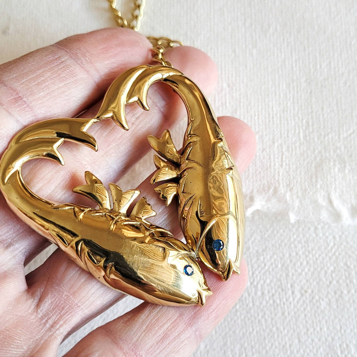 Brass double fish heart aquamarine pendant Necklace