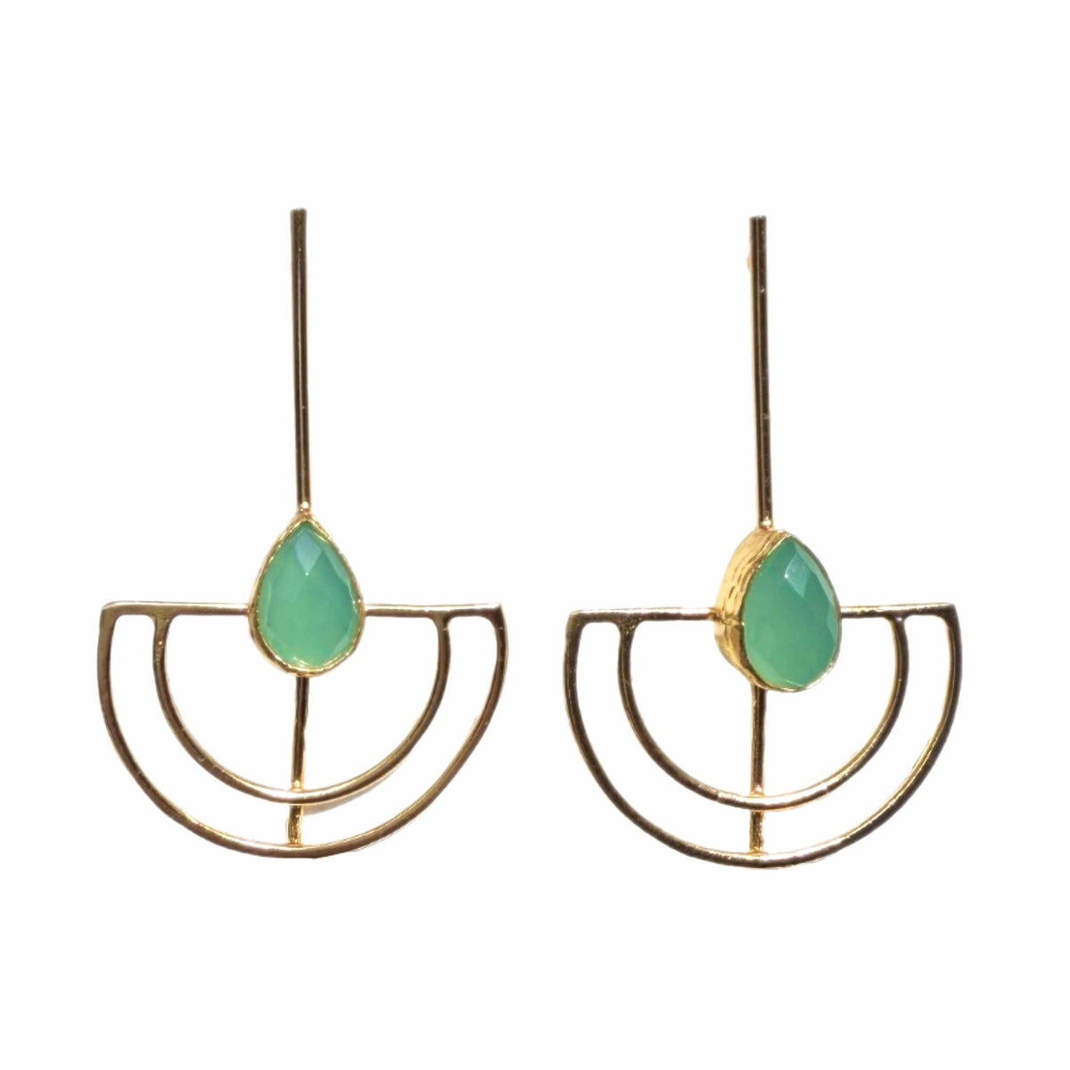 Karpuz Aqua Chalcedony Earrings with aqua stones and geometric brass drops