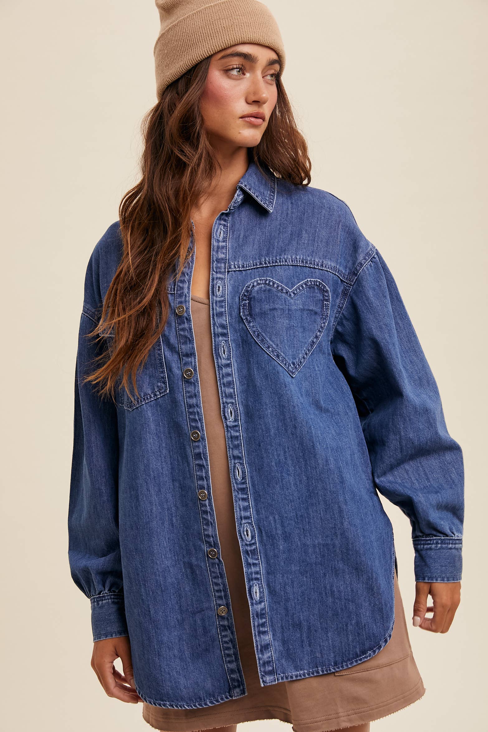 Heart Detail Oversized Denim Shirt