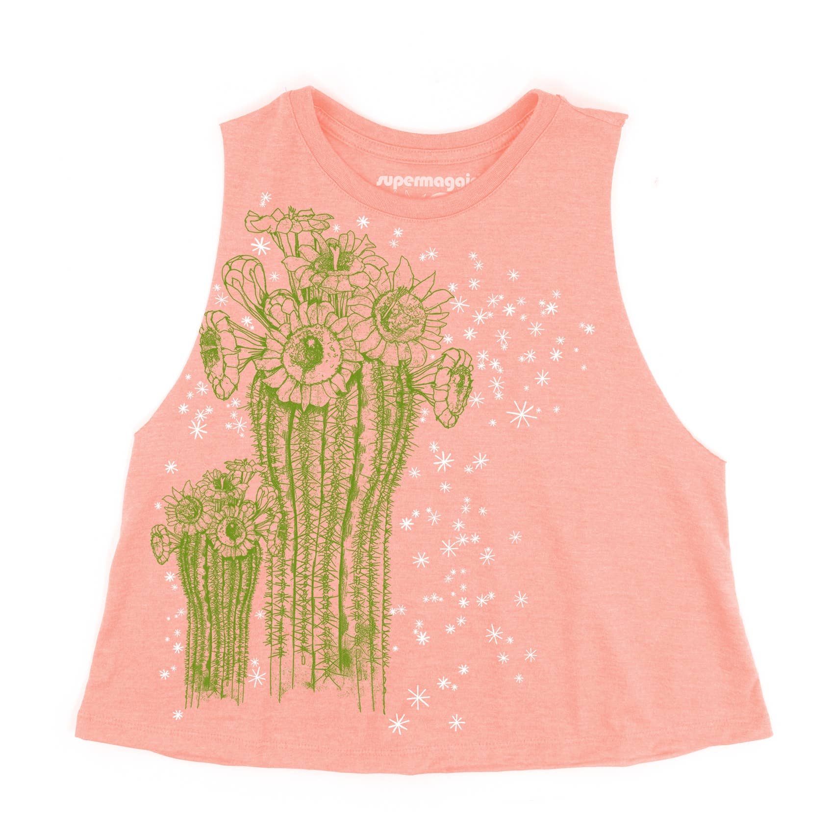 The Saguaro And Stars Roxy Cutout Tee by Supermaggie @ Faire is a sleeveless light pink crop top with a hand-printed floral and star design across the front.