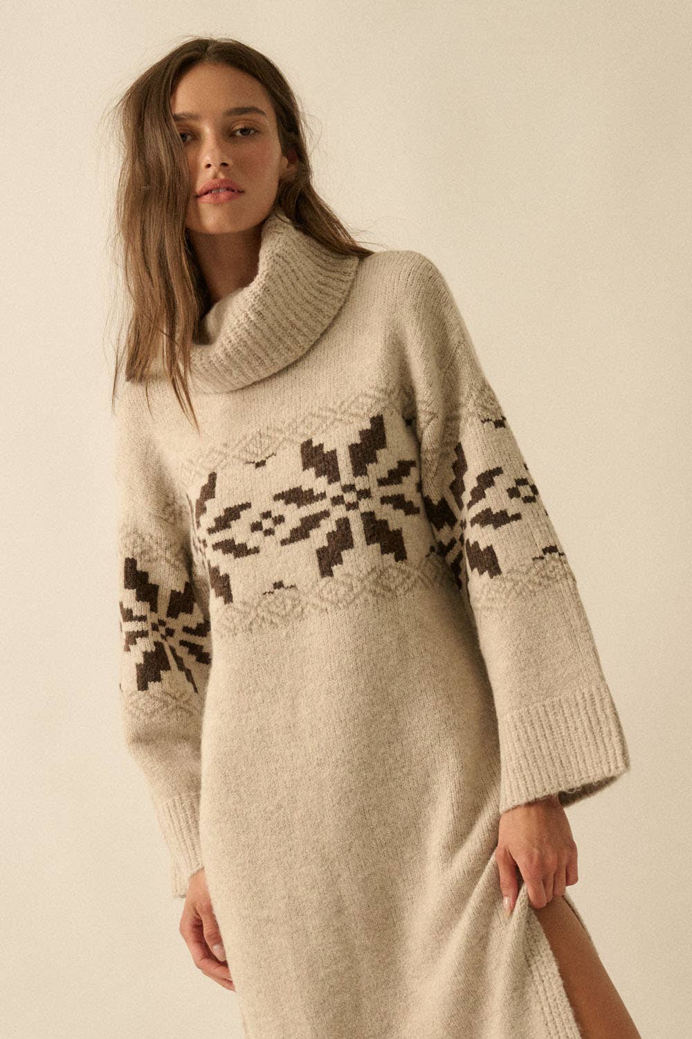 Alpine Snowflake Knit Cowl-Neck Midi Sweater Dress
