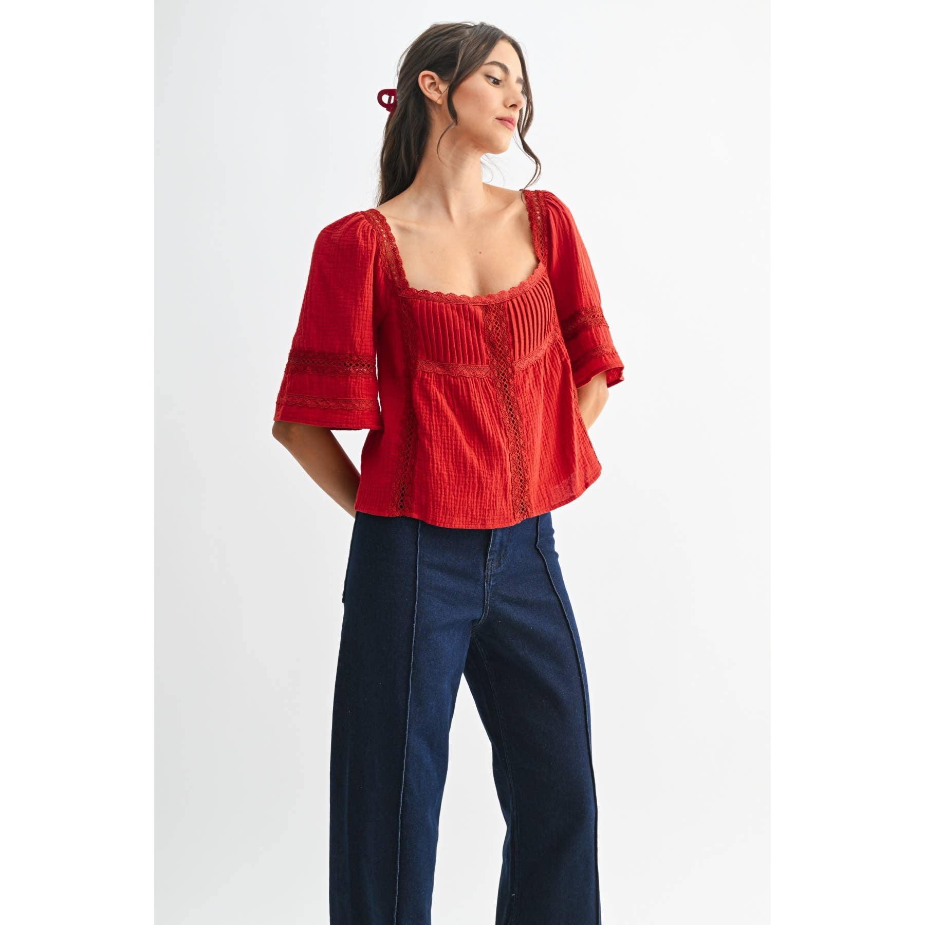 SCARLET LACE-TRIMMED RED BLOUSE