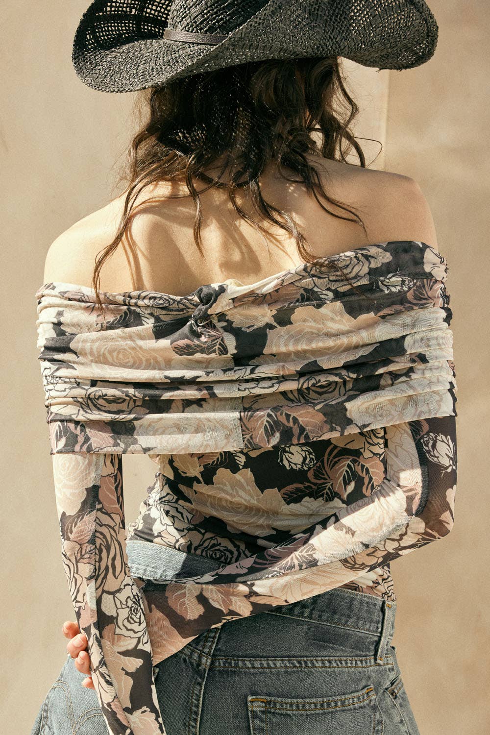 Floral-Print Mesh Off-Shoulder Foldover Bodysuit