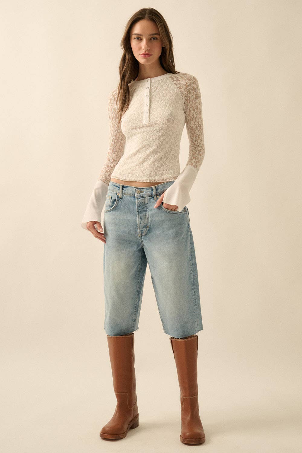 Floral Lace Raglan-Sleeve Henley Top