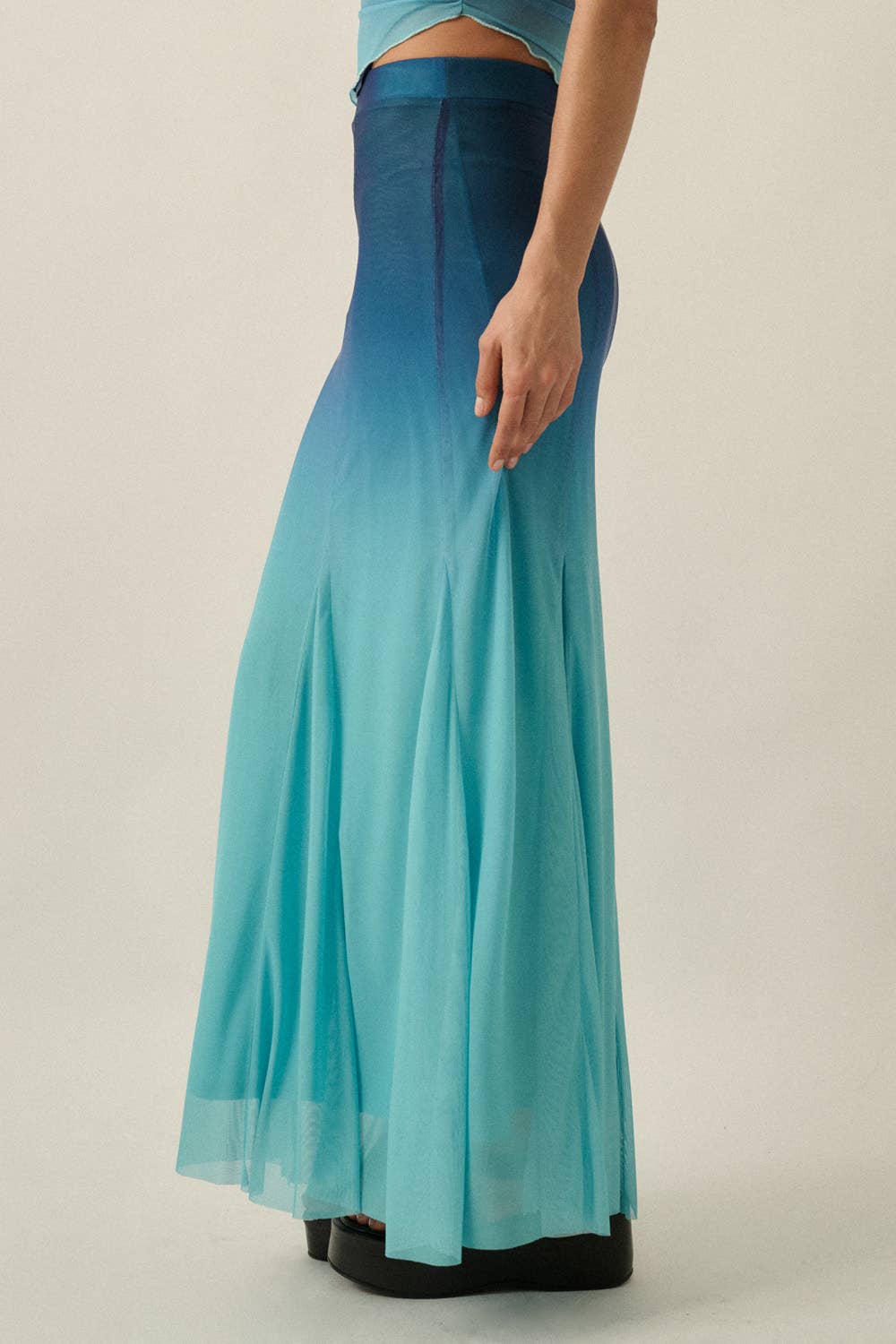 Ombre Mesh Fit-and-Flare Godet Maxi Skirt in blue shades with flowing mesh fabric and a fitted waist silhouette