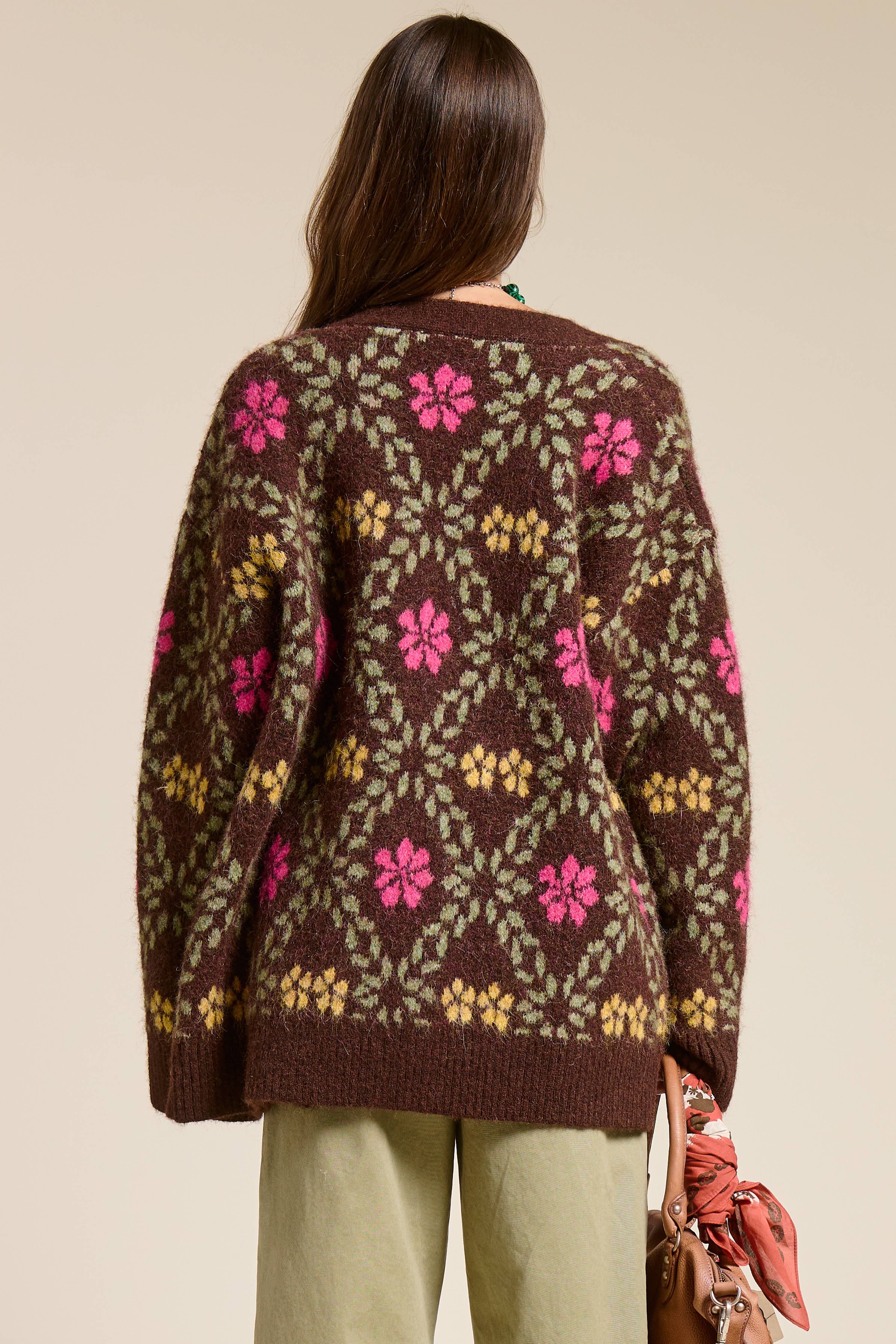 Retro Floral Print Fuzzy Knit Cardigan
