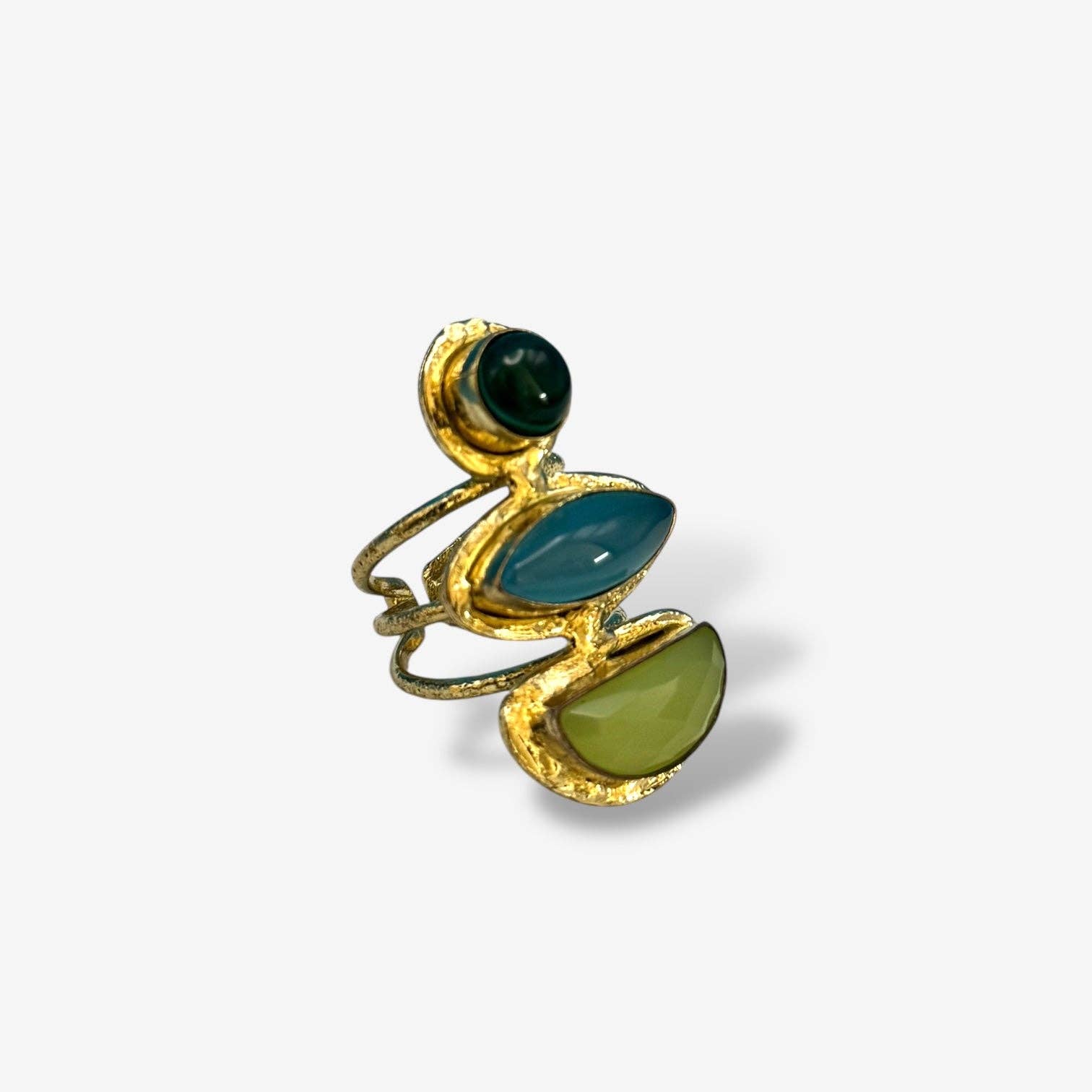 Gold-tone cocktail ring with green and blue stones in artistic, statement Cocktail Rings design