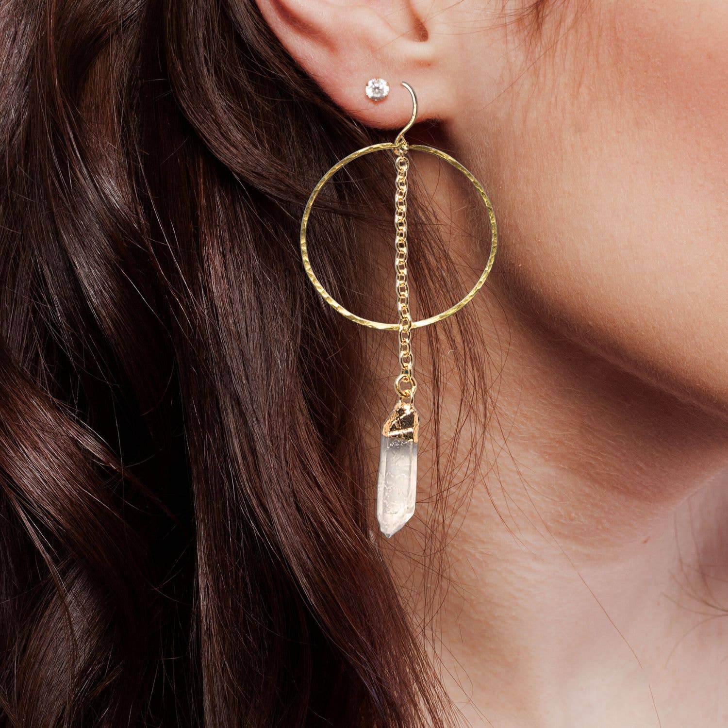 Quartz + Chain Gold Pendulum Hoops