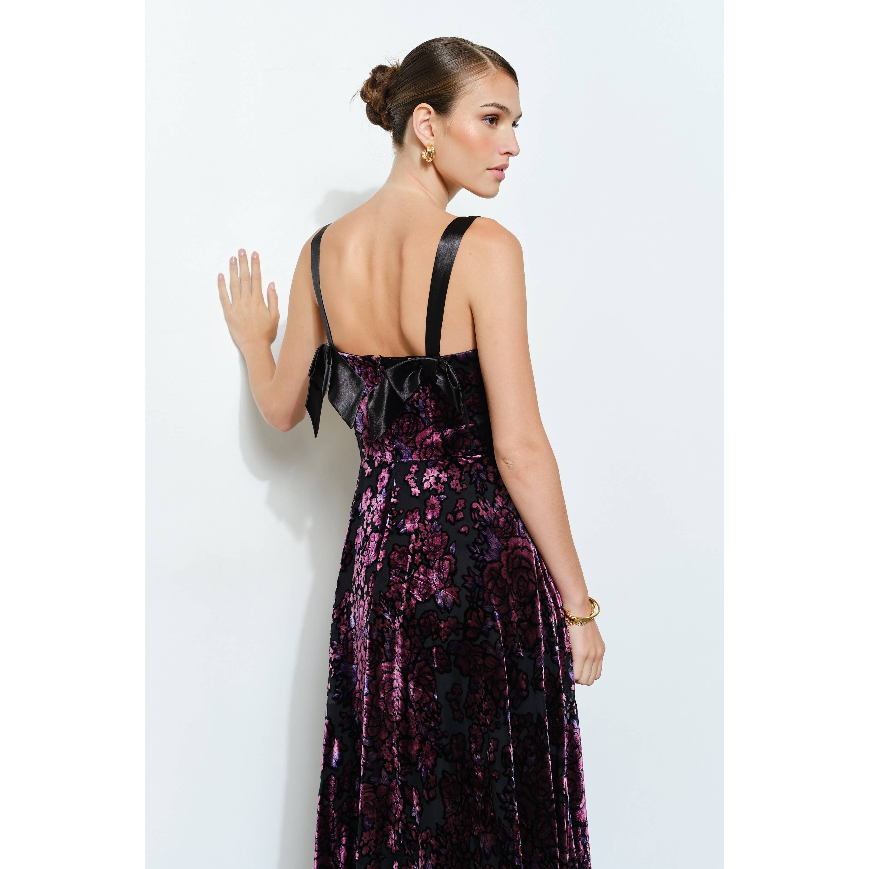 Velvet Floral Bow-Back A-Line Maxi Dress