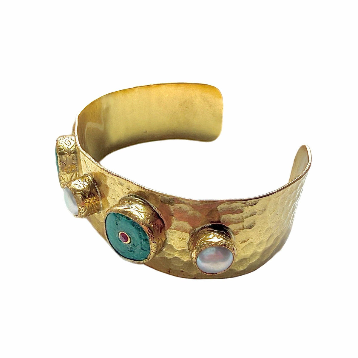 Turquoise and Pearl Cuff Bangle with hammered gold tone finish