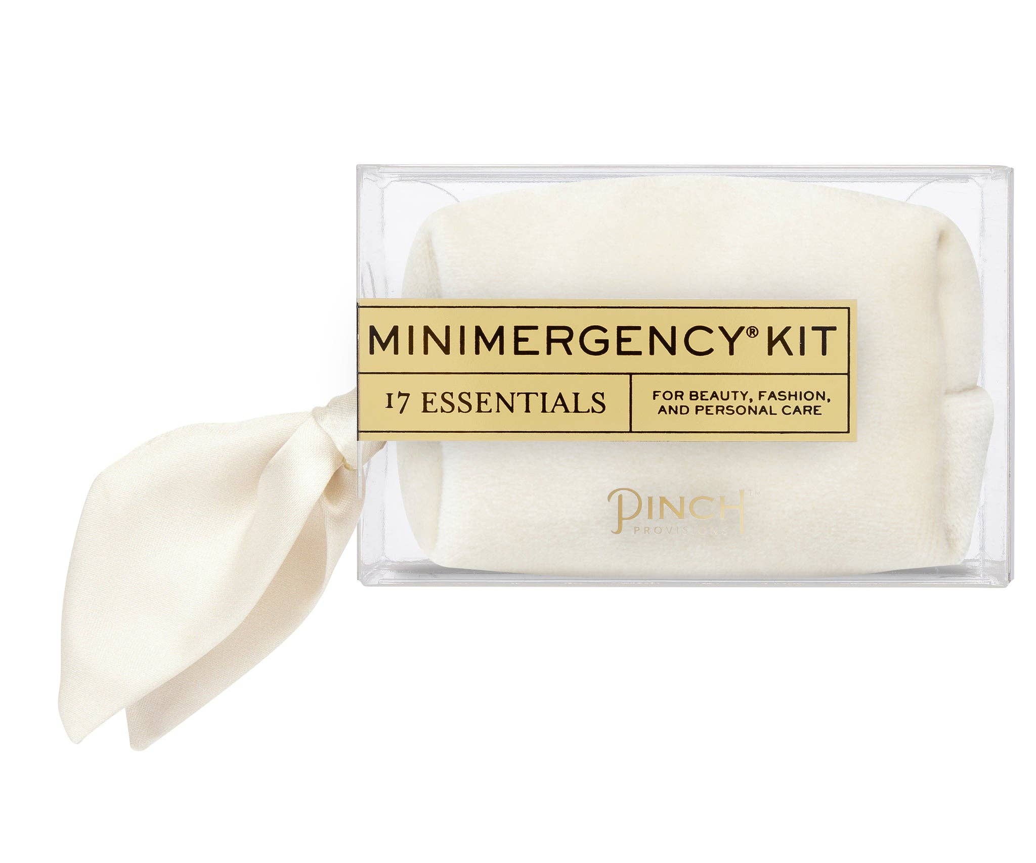 Velvet Scarf Minimergency Kit in soft cream color with 17 beauty, fashion, and personal care essentials in clear packaging