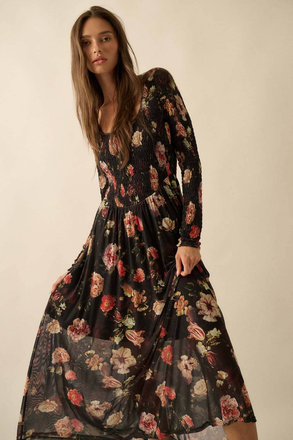 Floral-Print Mesh Smocked Long-Sleeve Maxi Dress