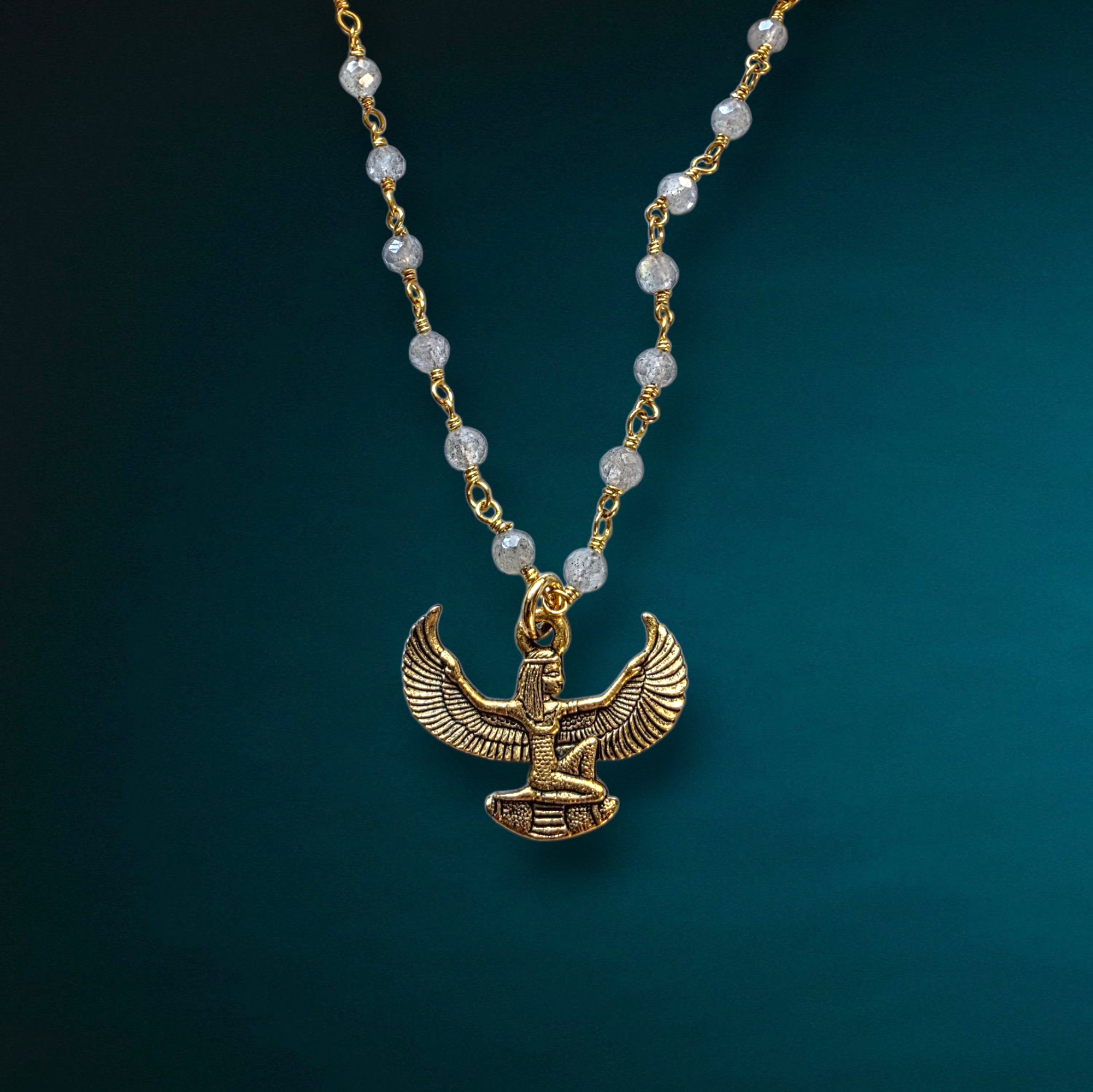 Winged Goddess Isis Charm Necklace | Gemstone Rosary