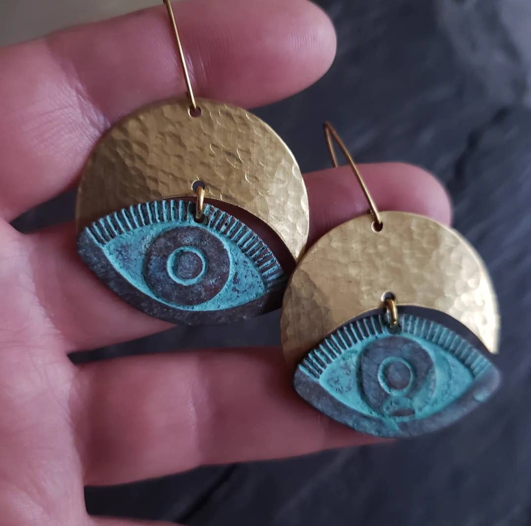 Hear No Evil Eye Verdigris Brass Earrings