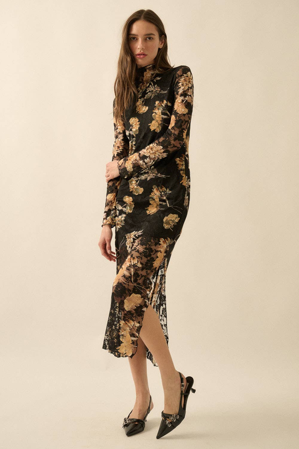 Floral-Print Lace Long-Sleeve Mock-Neck Midi Dress