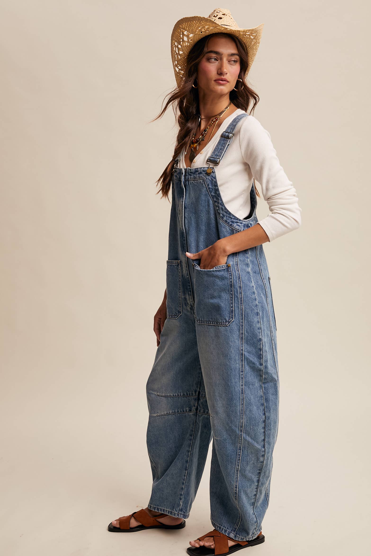 Western Wide-Leg Barrel Denim Overalls