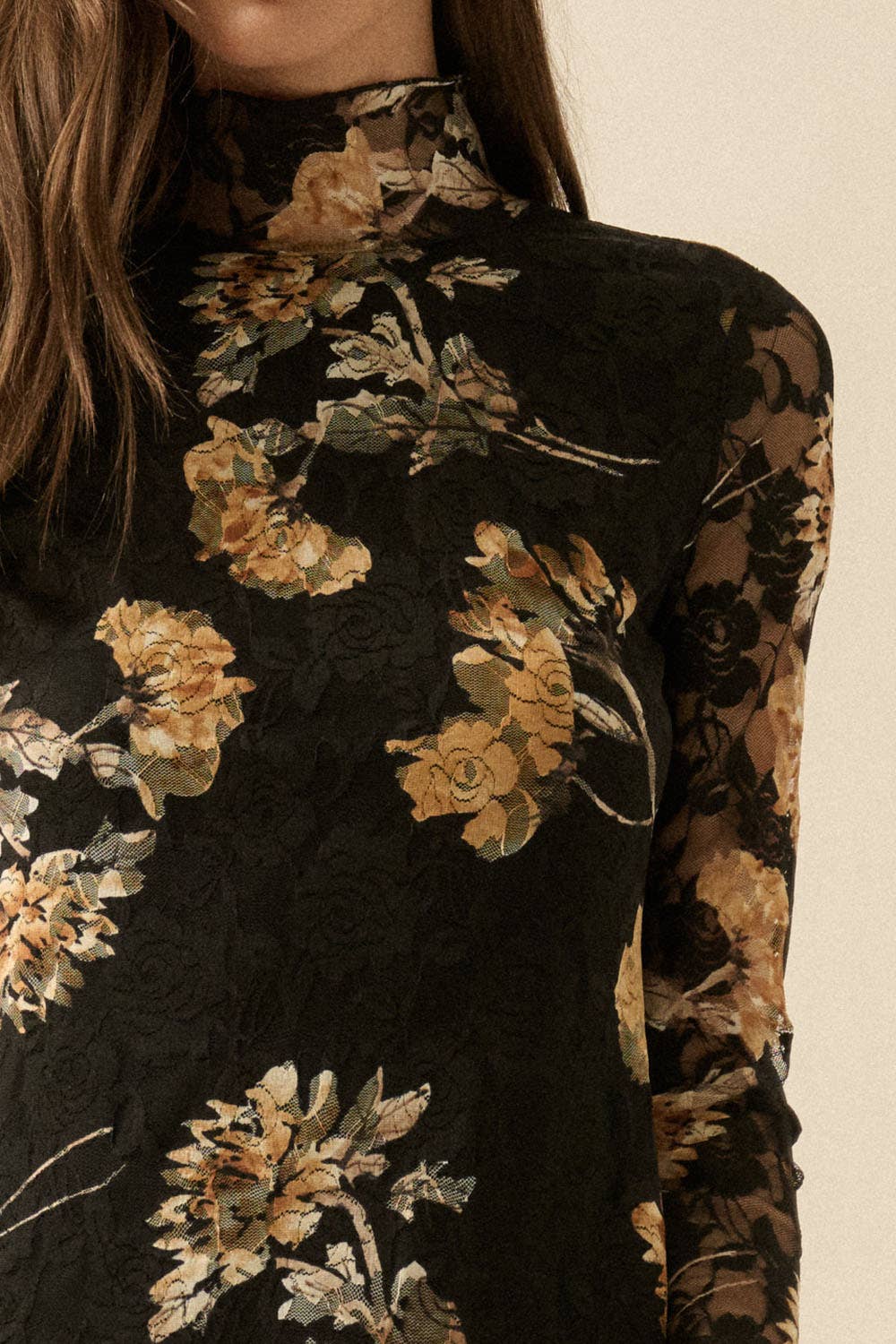 Floral-Print Lace Long-Sleeve Mock-Neck Midi Dress