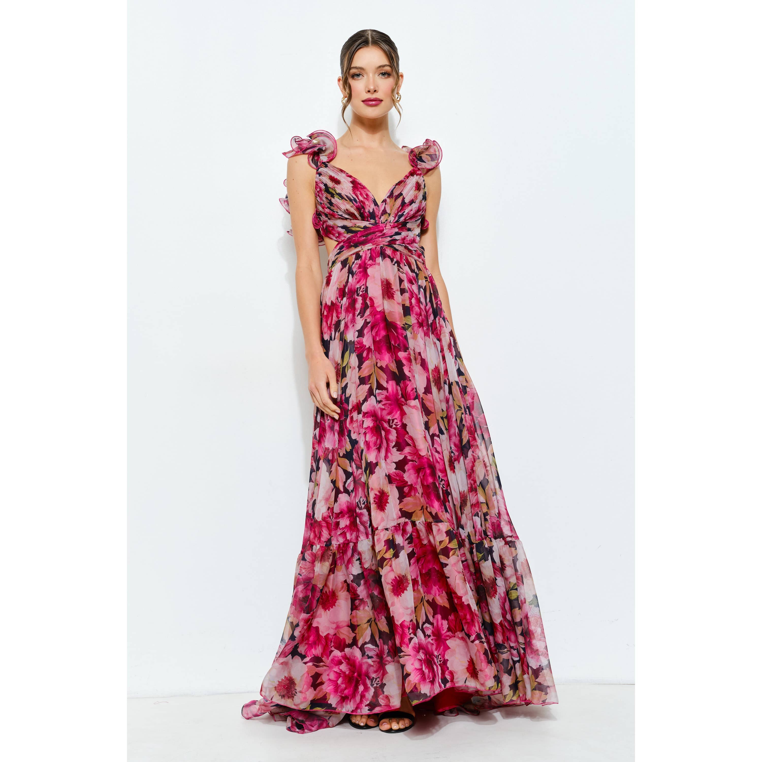 Ruffled Lace-Up Back Floral Maxi Dress