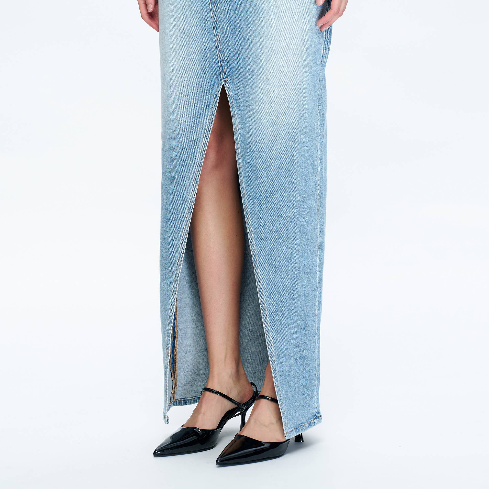 Periwinkle Blue High-Low Denim Skirt – Comfort Stretch