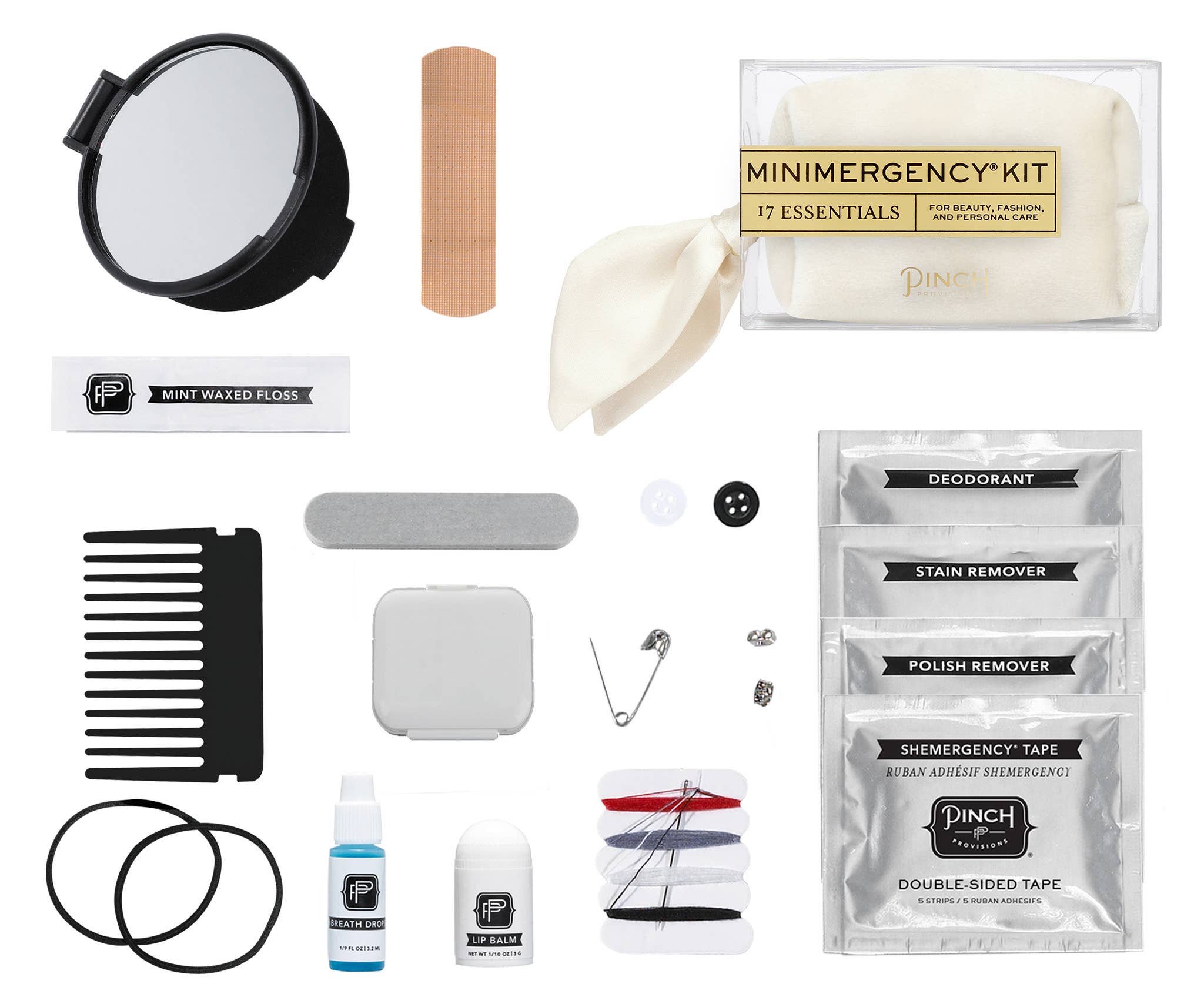 Velvet Scarf Minimergency Kit contents including mirror, floss, tapes, comb, lip balm, safety pin, and other small personal care items.