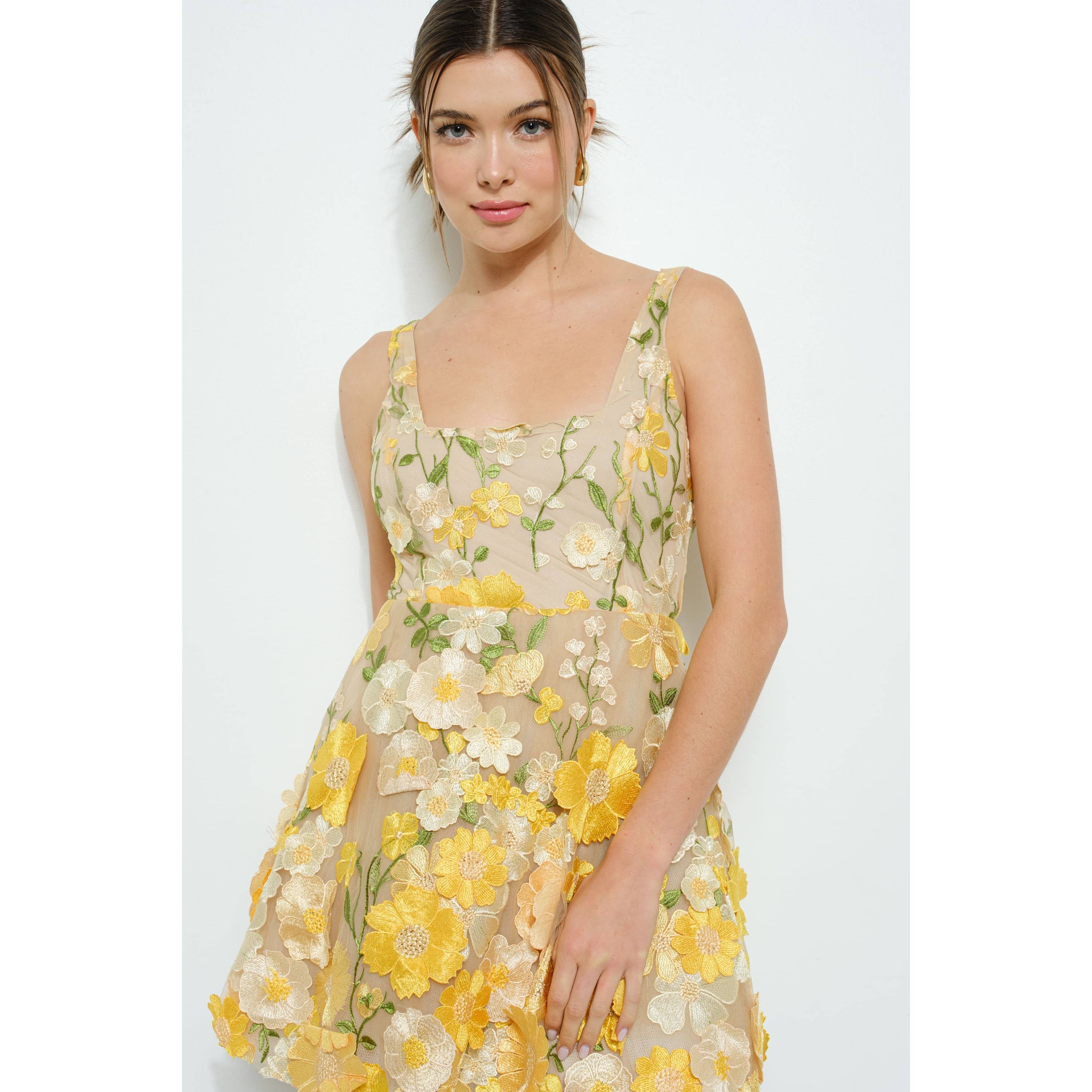 Sleeveless 3D Floral Embroidered Mini Dress