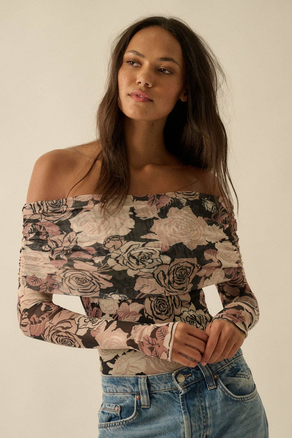 Floral-Print Mesh Off-Shoulder Foldover Bodysuit