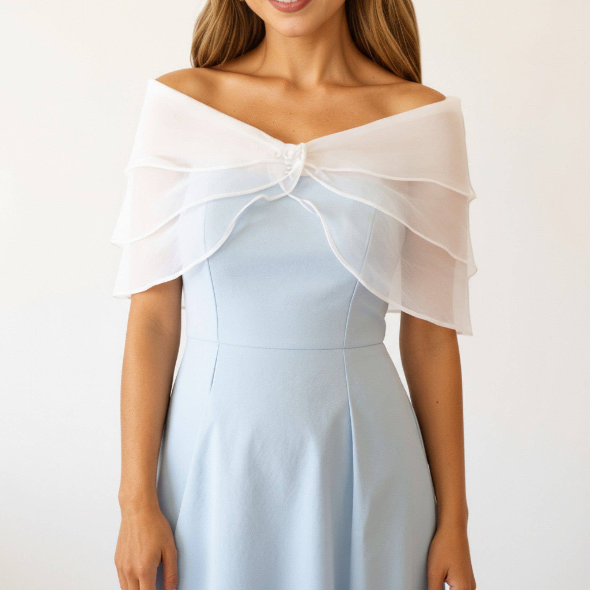 Sheer Organza Shoulder Shawl with Layered Ruffle Trim and Elegant Off-Shoulder Drape 14IN