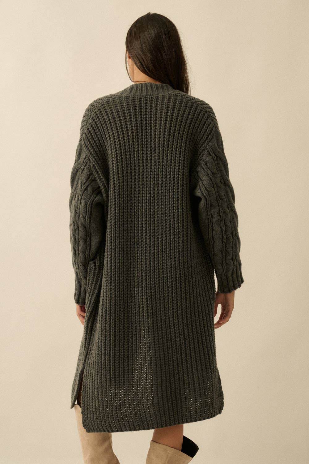 Solid Rib Knit Open Front Cable Knit Cardigan: Charcoal