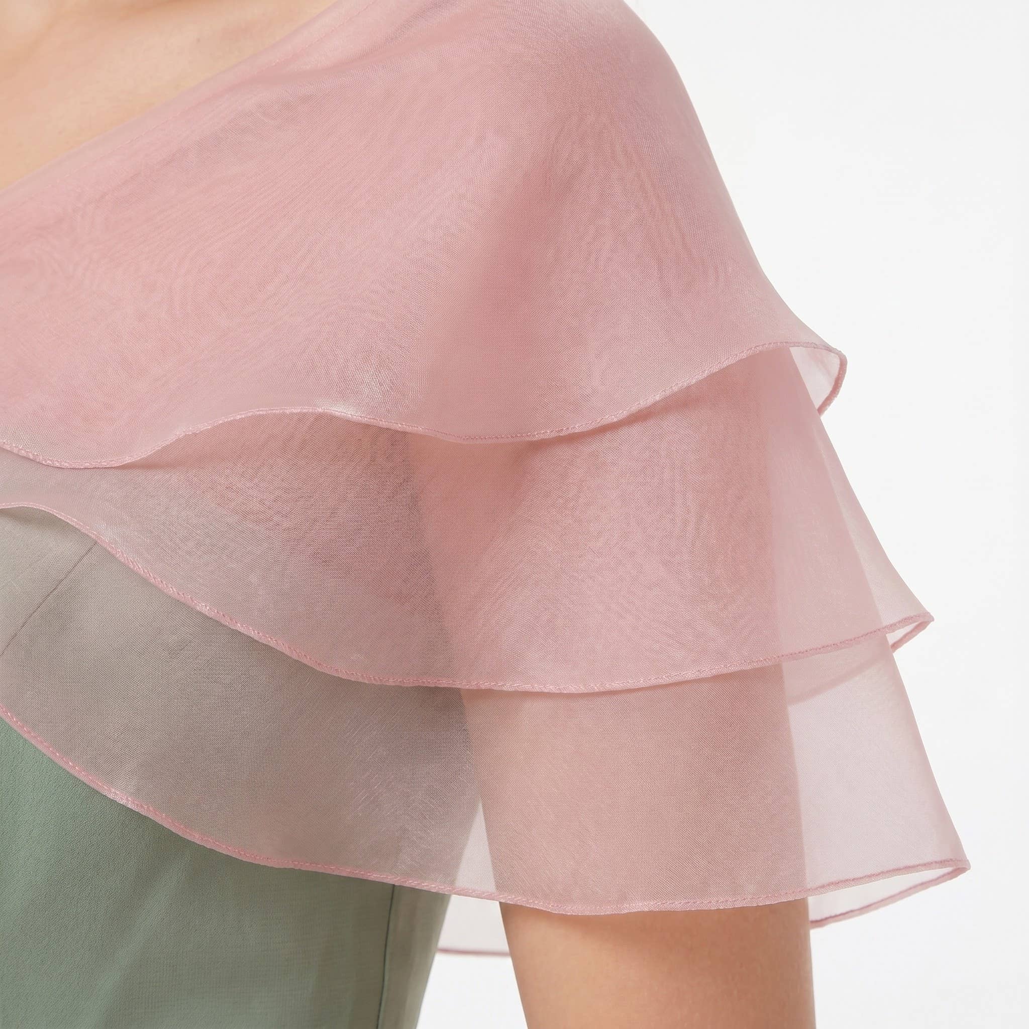 Sheer Organza Shoulder Shawl with Layered Ruffle Trim and Elegant Off-Shoulder Drape 14IN