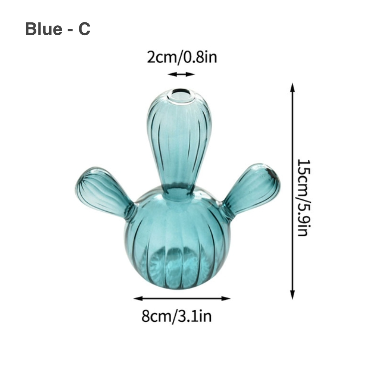 Cactus Shaped Glass Hydroponics Plant Vase in blue glass with dimensions 15cm height, 8cm width, 2cm opening diameter