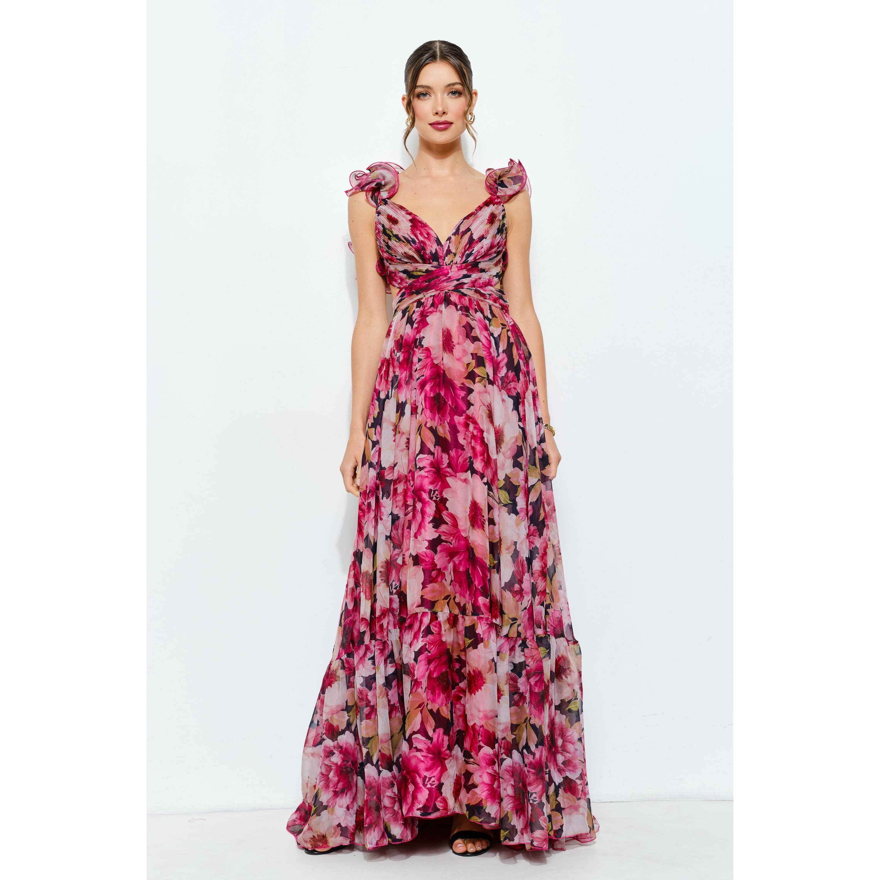 Ruffled Lace-Up Back Floral Maxi Dress