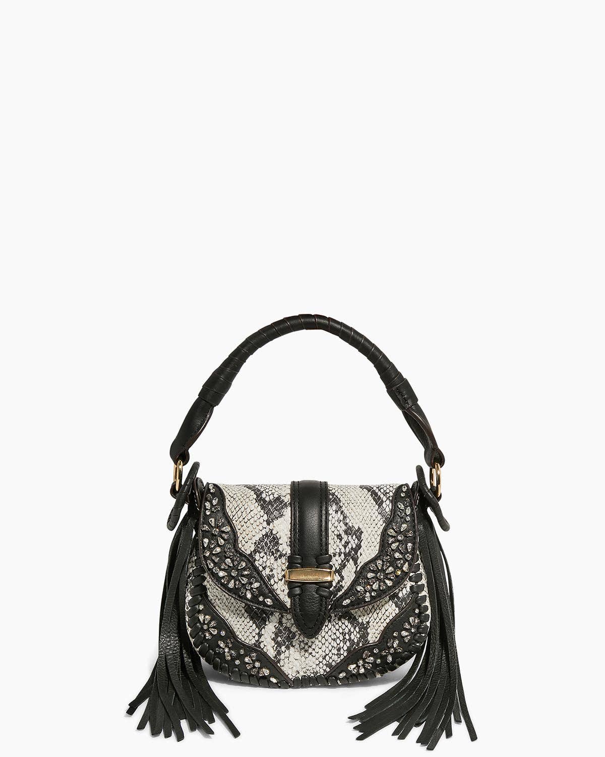 Willow Novelty Mini Crossbody with snake print, black leather details, decorative studs, and fringe tassels on sides