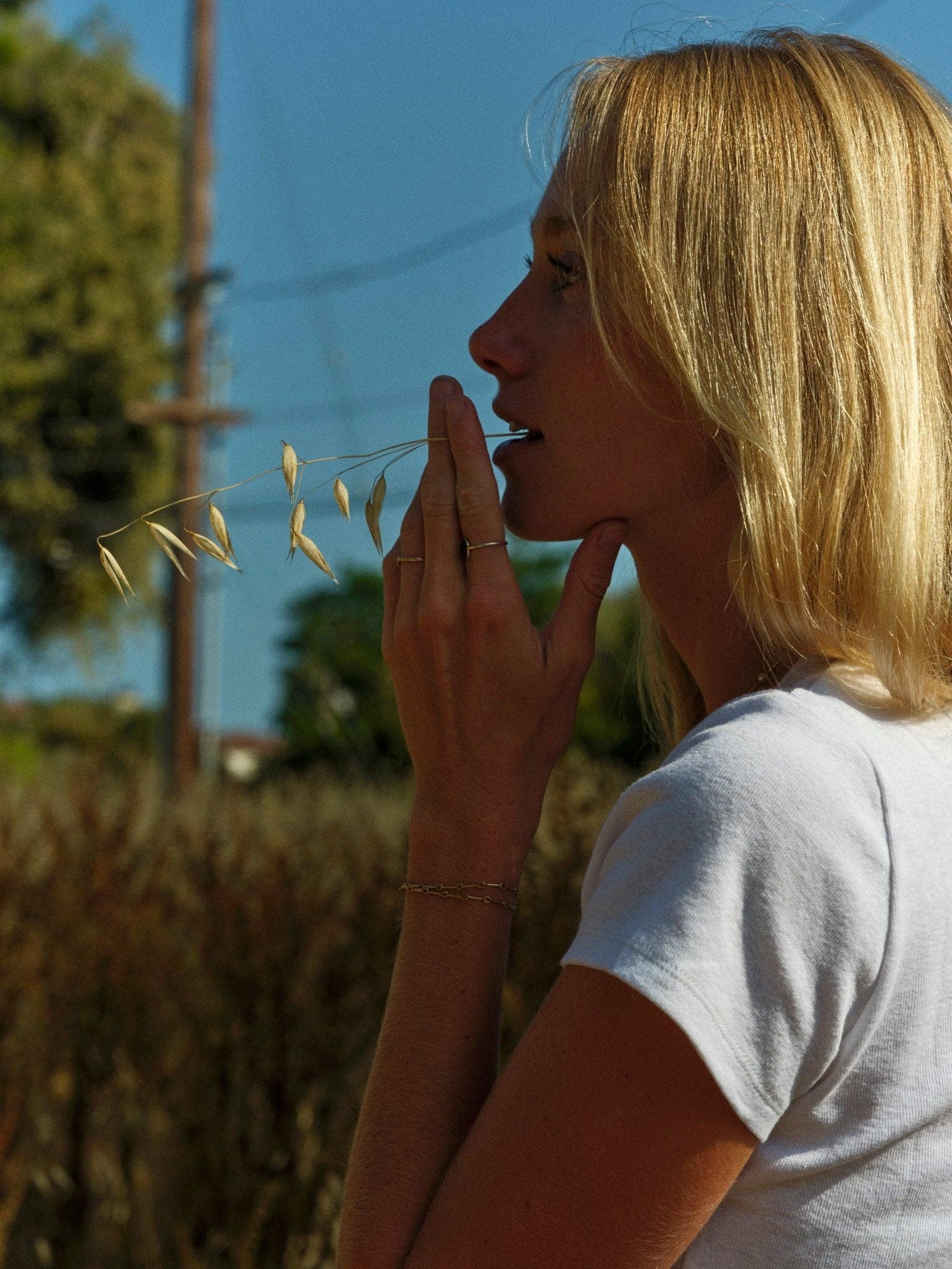 A woman in the Mollusk CloudBreak Tee stands outdoors, holding a stalk of grass near her lips and gazing thoughtfully into the distance, reflecting the laid-back California surf culture.