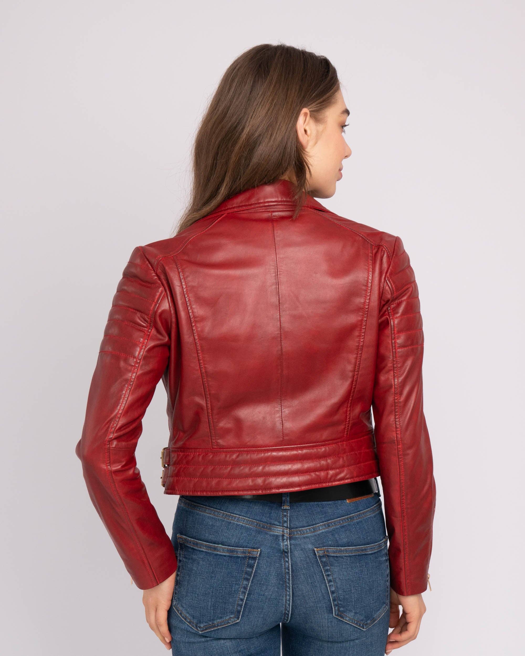 Woman wearing vibrant red Eureka | Leather Biker Jacket showcasing the back fit and stitch details